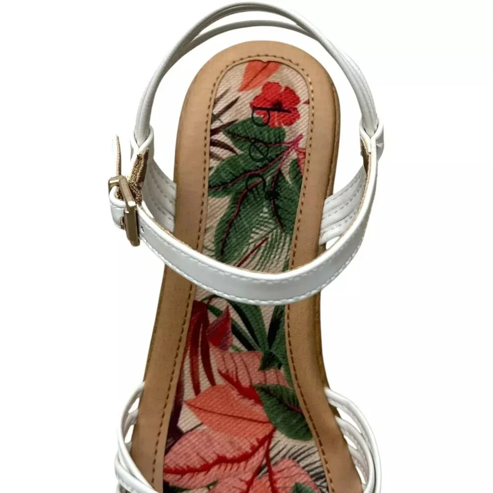 BOC Catalina Women's Platform Wedge Sandal Size 8 White/Tan‎ Glossy Straps Twist